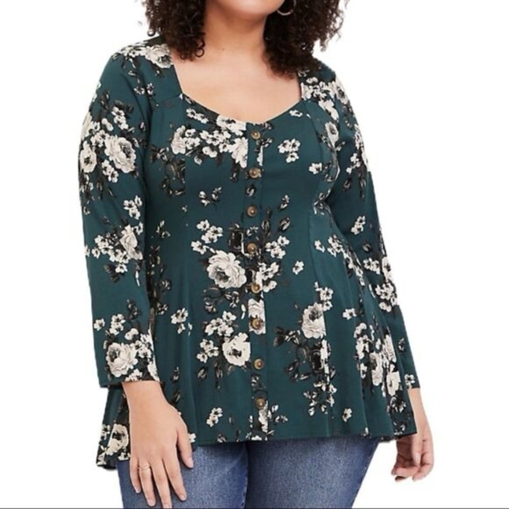 Torrid Floral Green Button Top - Picture 2 of 6